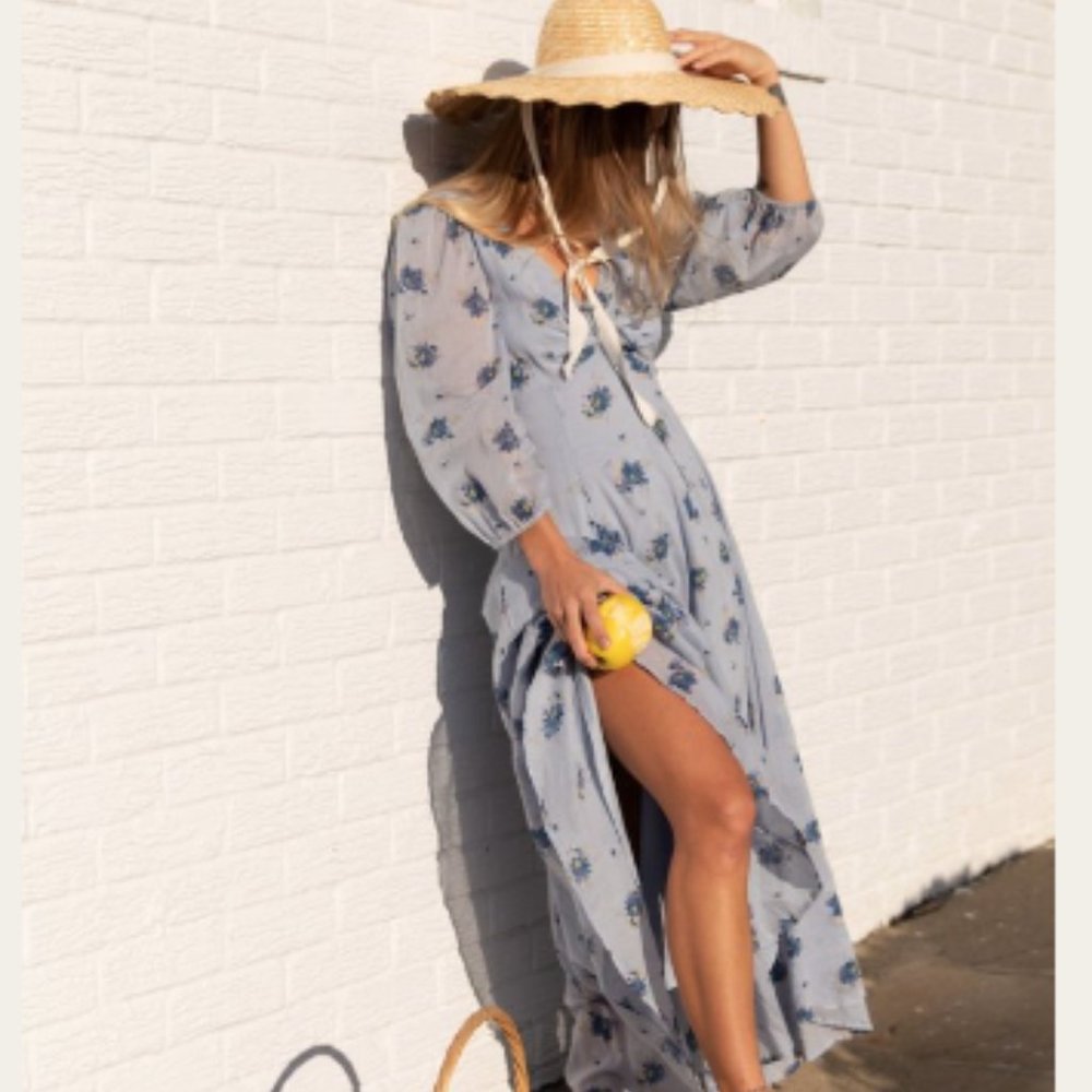 Free People Sea Glass Floral Puff Sleeve Midi Dress Blue Combo Sz 4 (S/M)